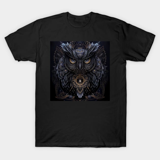 Owl in Bronze and Pewter T-Shirt by Mistywisp